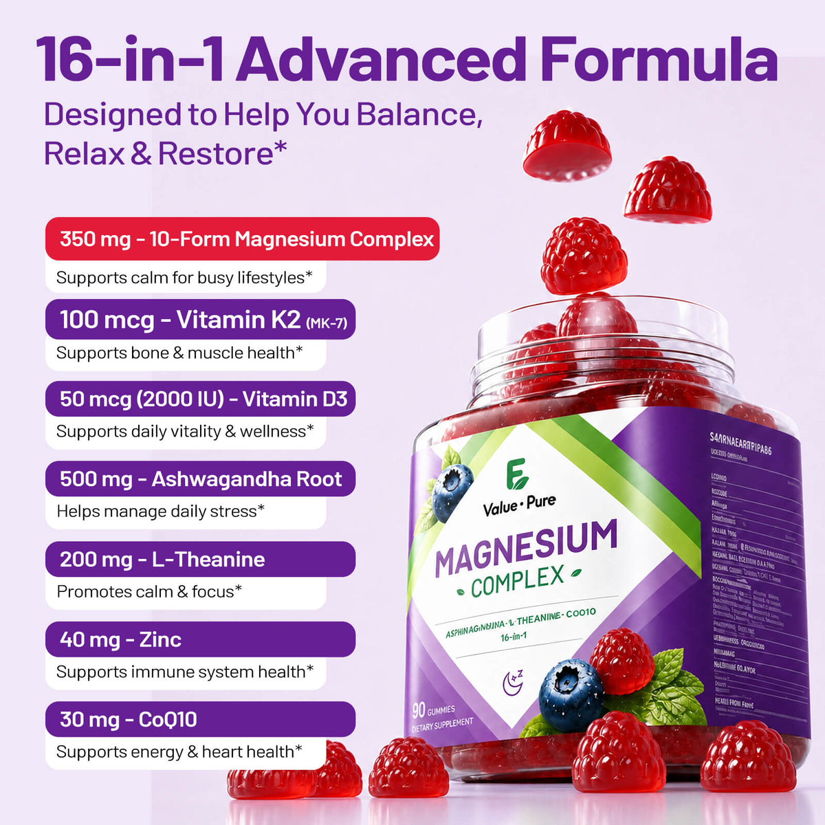 Evaluepure Magnesium Complex for Women ,16-in-1 Magnesium Gummy -Sugar Free