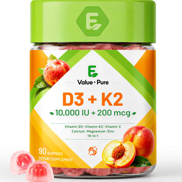 Evaluepure Vitamin D3 K2 Gummies, 10000 IU D3+200 mcg K2, Non-GMO