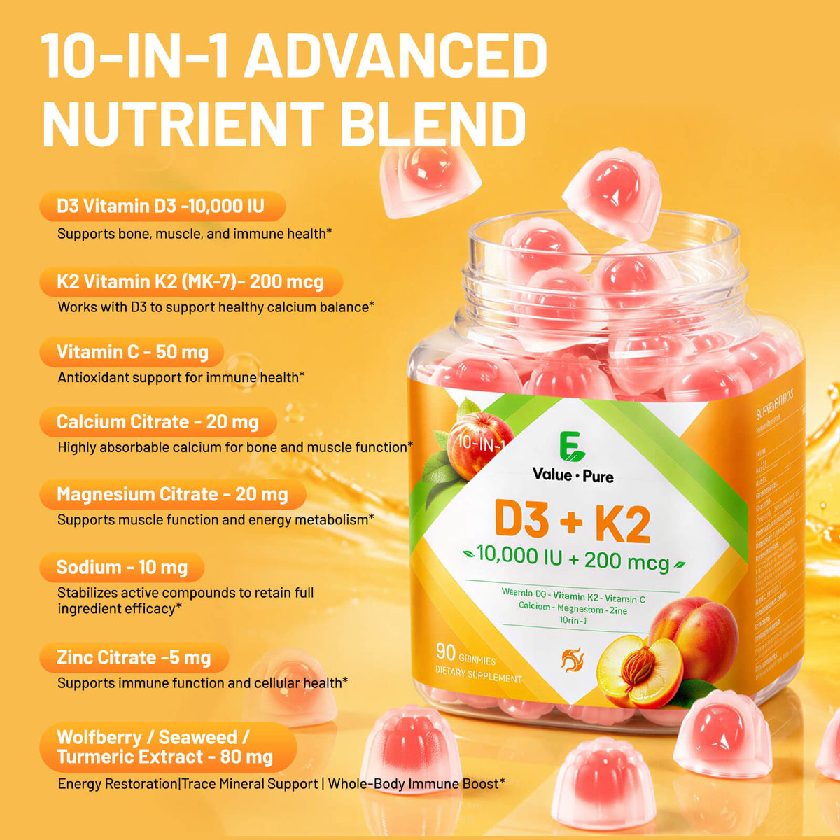 Evaluepure Vitamin D3 K2 Gummies, 10000 IU D3+200 mcg K2, Non-GMO