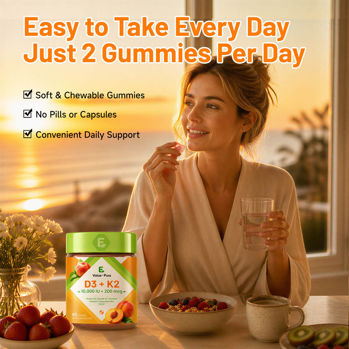 Evaluepure Vitamin D3 K2 Gummies, 10000 IU D3+200 mcg K2, Non-GMO